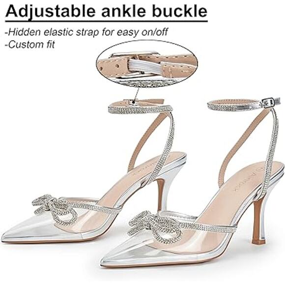 Ainrock Womens Size 8.5 SIlver Rhinestone Clear Strap Bow Wedding 3.5" Heels - Picture 4 of 6
